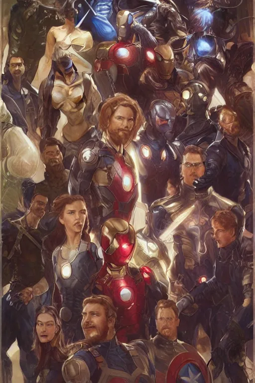 Prompt: group portrait of the avengers, fantasy, highly intricate, elegant, realistic faces, highly detailed, digital painting, artstation, concept art, smooth, sharp focus, group photo, illustration, art by artgerm and greg rutkowski and alphonse mucha