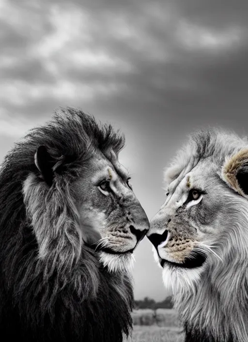Image similar to close up lion and lioness black and white portrait white sky in background
