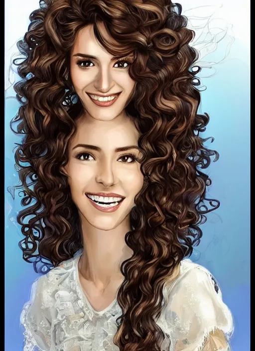 Image similar to beautiful female angel, brunette with big smile and curly hairstyle, looks like Ebru Şahin, Reyyan, looks like Fabiula Nascimento, looks like Laura Barriales, looks like Julia Roberts, D&D, fantasy, intricate, elegant, highly detailed, digital painting, artstation, concept art, character design, smooth, sharp focus, illustration, art by artgerm and greg rutkowski and alphonse mucha