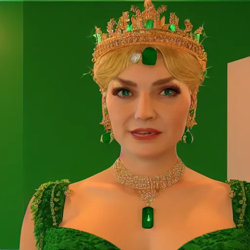 Prompt: a queen in an emerald dress covered in jewels looking off into the distance, octane render, unreal engine, 4k