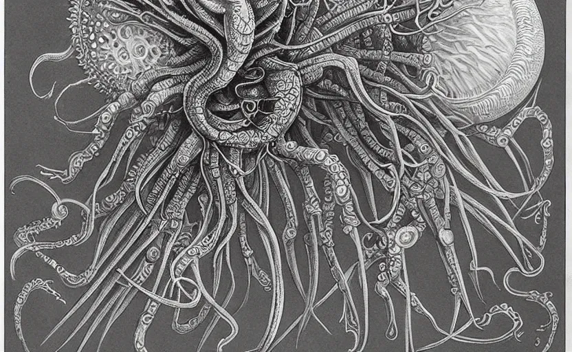 Image similar to monster character design, fantasy. intricate jellyfish crab eagle lizard biomechanical. by ernst haeckel