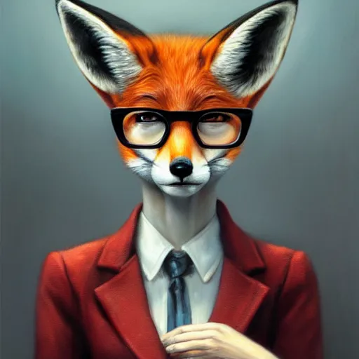 Prompt: oil painting of a fox dressed like a female secretary with glasses and a manilla folder, urban fantasy art by seb mckinnon, artstation npc character design, top - rated