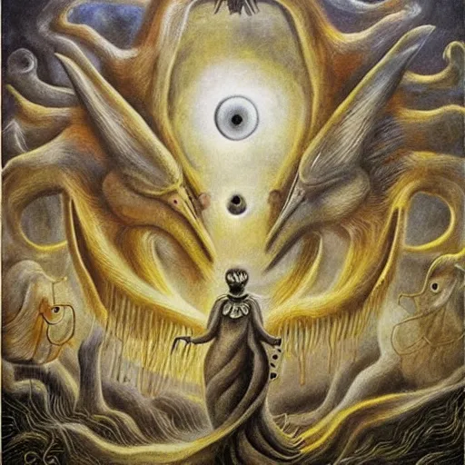 Image similar to Eternity is in love with the creations of time creative Creatures and monsters wander the landscapes of the Imagination, In the style of Leonora Carrington