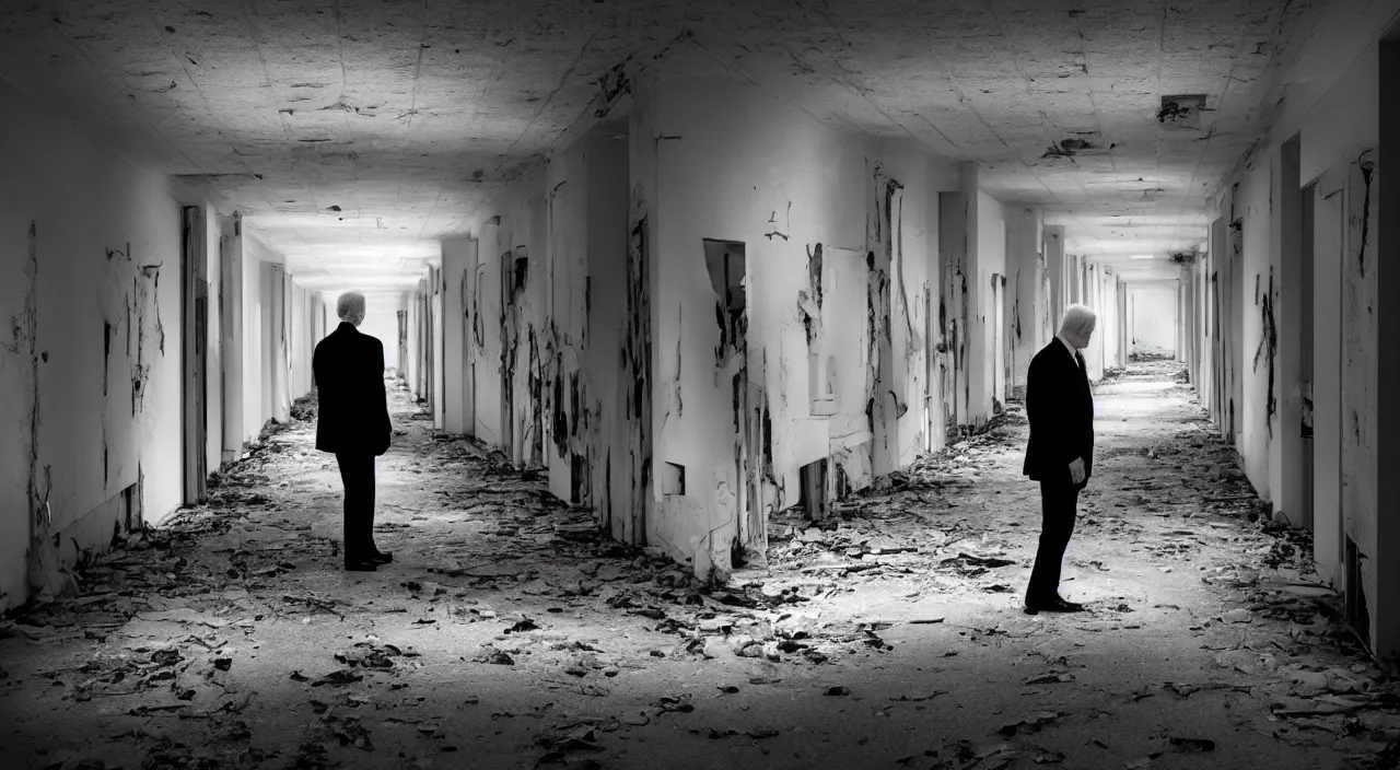 Prompt: unnerving dark 4 k photograph of joe biden standing alone in a long creepy hallway of an abandoned insane asylum, hospital, checkered floor, crime scene, horror