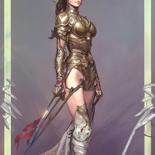 Image similar to fullbody portrait of a fantasy female warrior, intricate, elegant, highly detailed, digital painting, artstation, concept art, matte, sharp focus, illustration, art by Artgerm and Greg Rutkowski and Alphonse Mucha