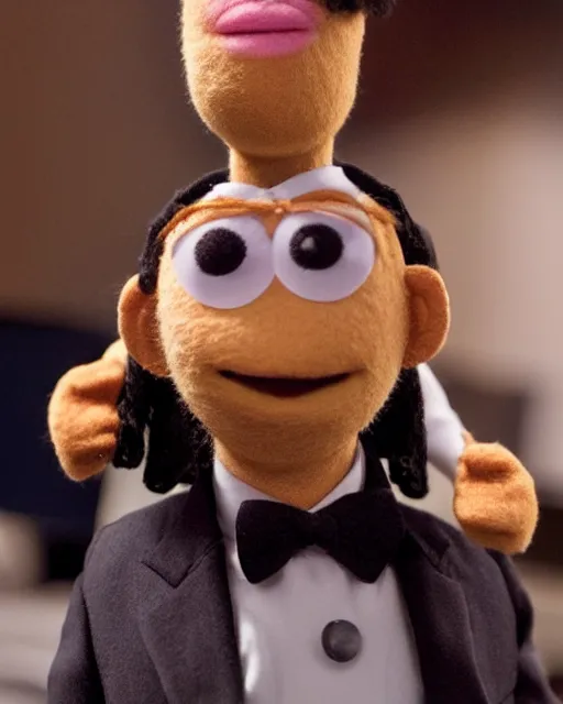 Image similar to oscar from the office as a muppet. highly detailed felt. hyper real photo. 4 k.