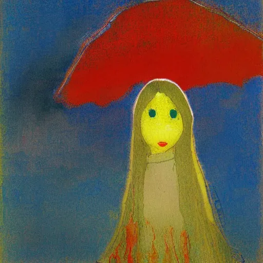 Image similar to glitch girl and very very tall monster wrapped in a blanket looks into the distance on the beach, in the rain, style by odilon redon, atmospheric