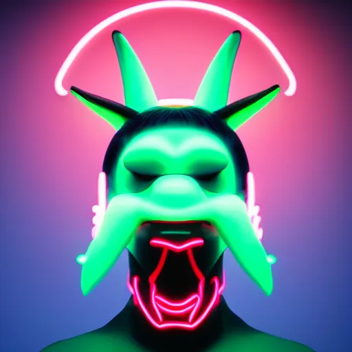 Image similar to synthwave demonic rabbit toy face with neon horns, detailed face, sharp focus, synthwave art, aesthetic, octane render, raw, cinematic