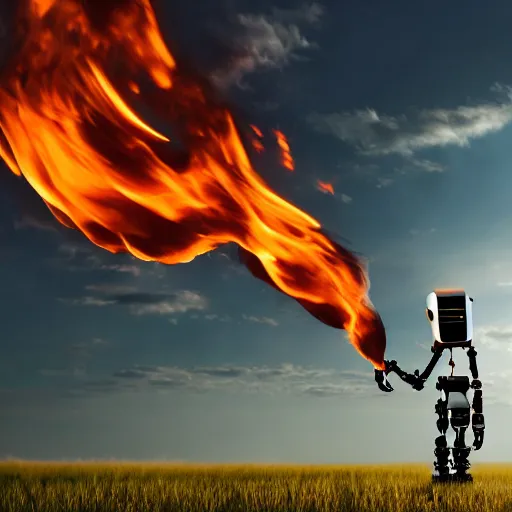 Prompt: futuristic robot bent on knees towards a burning field, photograph, smoke, dark