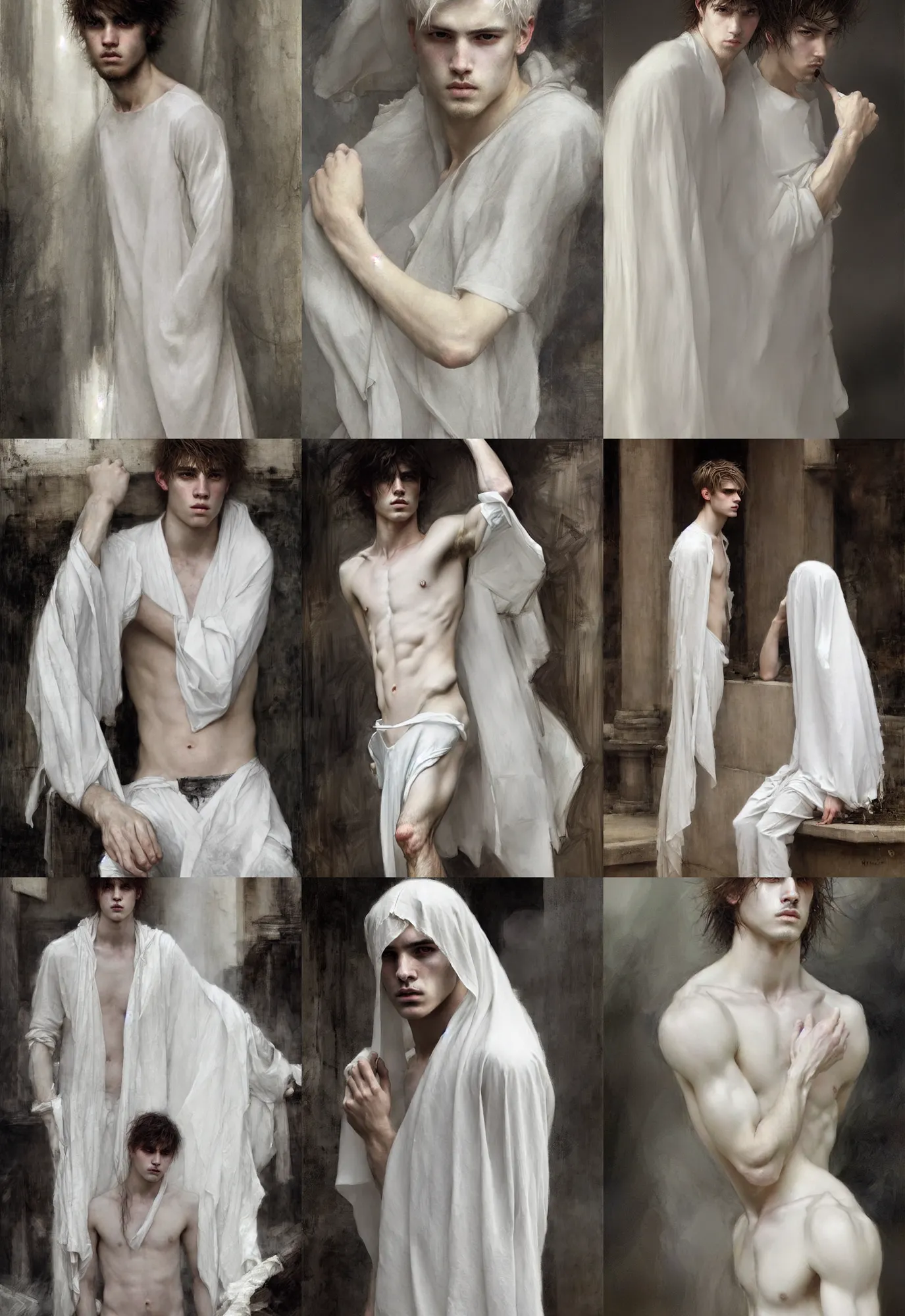 Prompt: a ghost young attractive men with white!!!!!! hair quietly watching the living continue their lives. waterhouse. geoffroy thoorens. ultra clear detailed