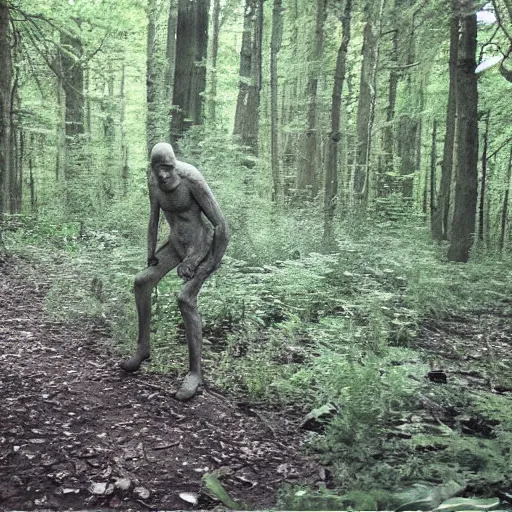 Image similar to trail cam photo of a grey alien in a forest