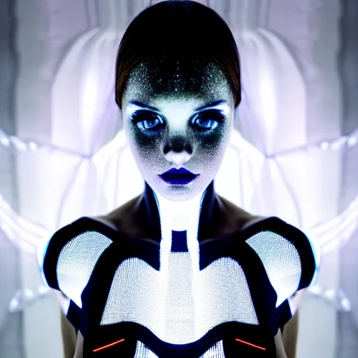 Image similar to high fashion photography of a model in neo futurism white sci - fi makup, transparent cloth, beautifully lit by neon light