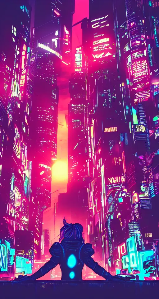 Image similar to comics, cyberpunk women, city, neon lights, glow, retrowave style, sunset,