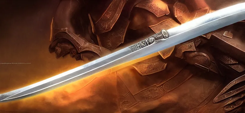 Image similar to legendary sword of cybernetic technology lying flat on a glowing table with a long sharp black and iridescent sword blade, digital award winning hd matte painting, intimate dark moody, intricate, ornate spikes, colorful hilt, detailed realistic, raytraced blade, colored gems, golden pommel, in the style of greg rutkowski and krenz cushart, deviantart