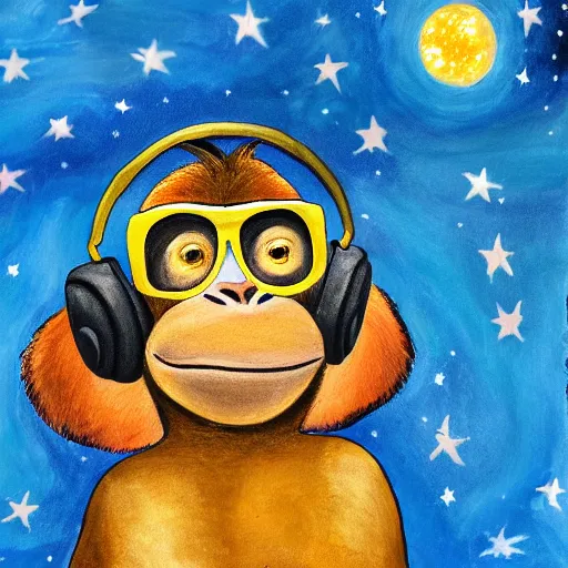 Prompt: a very detailed, 4 k painting of a monkey wearing golden headphones with shades looking up at the night sky filled with stars and galaxies