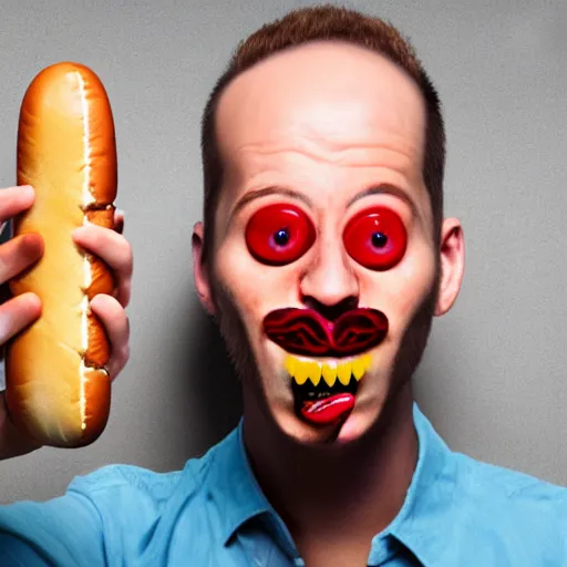 Prompt: man with morphing hot dog hands hyper realistic 4k with red eyes