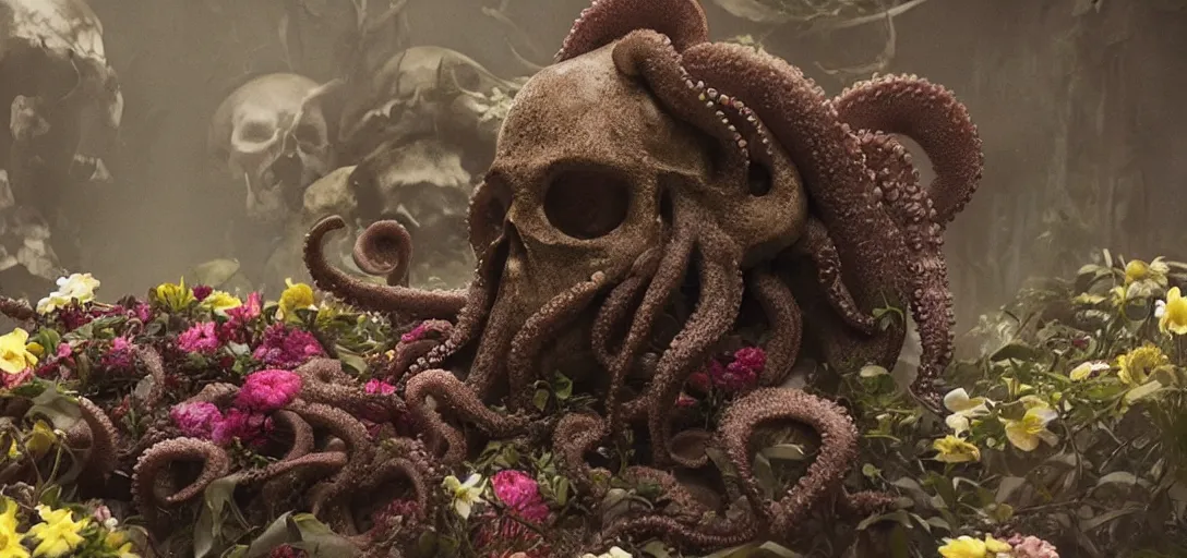 Prompt: an octopus in the shape of a skull surrounded by flowers at midnight, foggy!, cinematic, photo still from movie by denis villeneuve, wayne barlowe