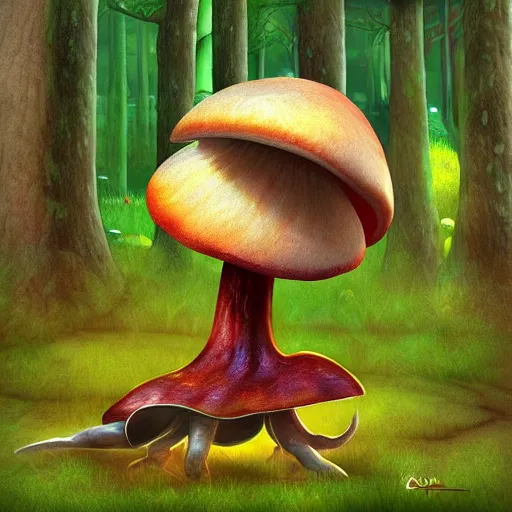 Image similar to digital art of a fantasy mushroom monster with sharp teeth lurking in the woods, dynamic lighting, photorealistic, art station