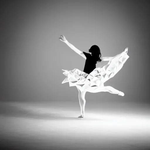 Image similar to A girl made of origami paper doing acrobatic contemporary dance, dramatic lighting, with bokeh effect in a sunny meadow