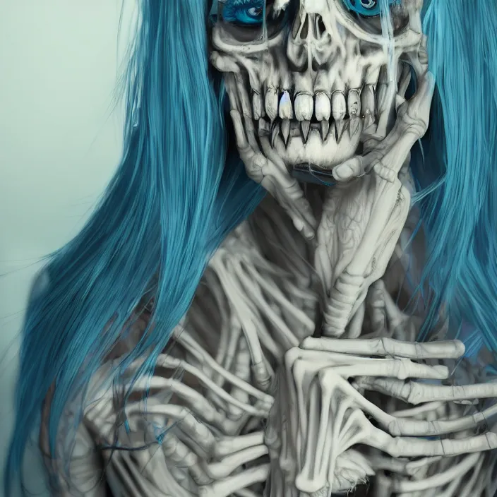 Prompt: portrait of female alt model with blue hair as a skeleton. intricate abstract. intricate artwork. nightmare fuel. by Tooth Wu, wlop, beeple, dan mumford. octane render, trending on artstation, greg rutkowski very coherent symmetrical artwork. cinematic, hyper realism, high detail, octane render, 8k, iridescent accents