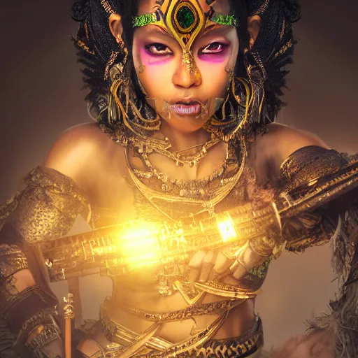 Image similar to the portrait, masked beautiful black aztec female violinist, exotic costumes, gold jewelry, black hair ， illustration by wenjun lin, irakli nadar, bright colors, octopath traveler, wenjun lin, unreal engine 5 highly rendered, global illumination, radiant light, detailed and intricate environment