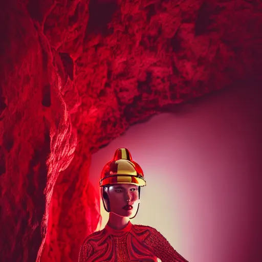 Image similar to female fashion model in year 3000 in a cave, model wearing a surreal Avant-garde helmet in red, dramatic lighting,photography , official Versace editorial , highly detailed