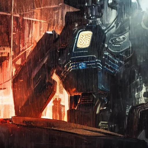 Image similar to closeup of mecha with surface of knives and forks, dark messy smoke - filled cluttered workshop, dark, dramatic lighting, orange tint, cinematic, highly detailed, sci - fi, futuristic, movie still from blade runner