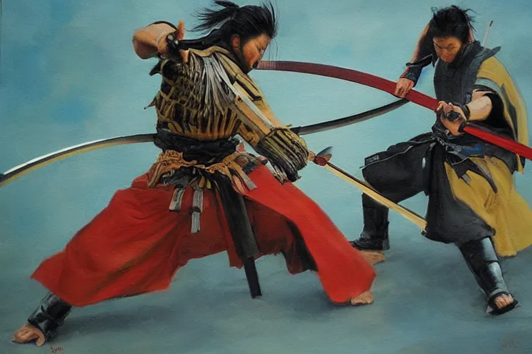 Image similar to epic and cinematographic samurai duel, a painting by mark zug and Daryl Mandryk,