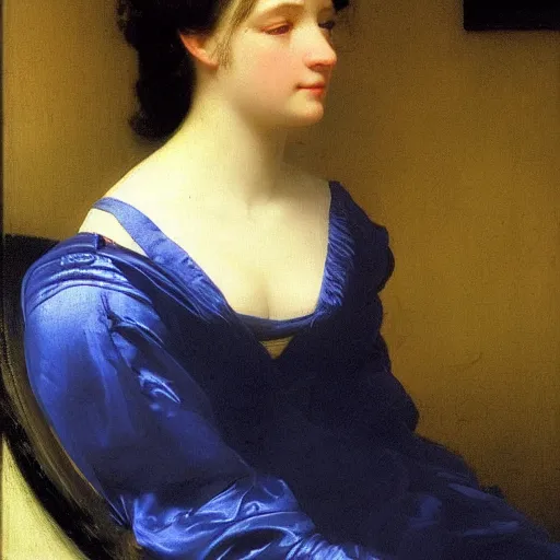 Image similar to young woman's face, her hair is white and she wears a cobalt blue duchesse satin cloak, by ivan aivazovsky syd mead moebius roger dean aelbert cuyp willem claesz pieter claesz paul delaroche alma tadema, hyperrealistic, volumetric light, octane