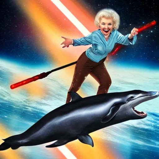 Image similar to betty white dual wielding lightsabers riding a dolphin through space