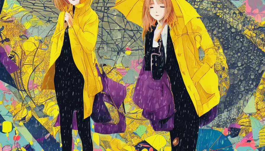 Image similar to girl in a yellow coat standing in the rain holding a small pocket watch, thick outlines, bright colors, geometric shapes, digital art, hard edges, detailed, anime style, art by sora kim, rinotuna, ilya kuvshinov