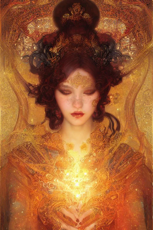 Image similar to tarot card artstation, portrait of a gorgeous love dancer, sunrise, baroque ornament and rococo ornament, ancient chinese ornate, hyperdetailed, beautiful lighting, craig mullins, mucha, klimt, yoshitaka amano, red and gold and orange color palette