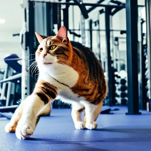 Prompt: a very fat cat doing exercises at the gym, photorealistic, hd