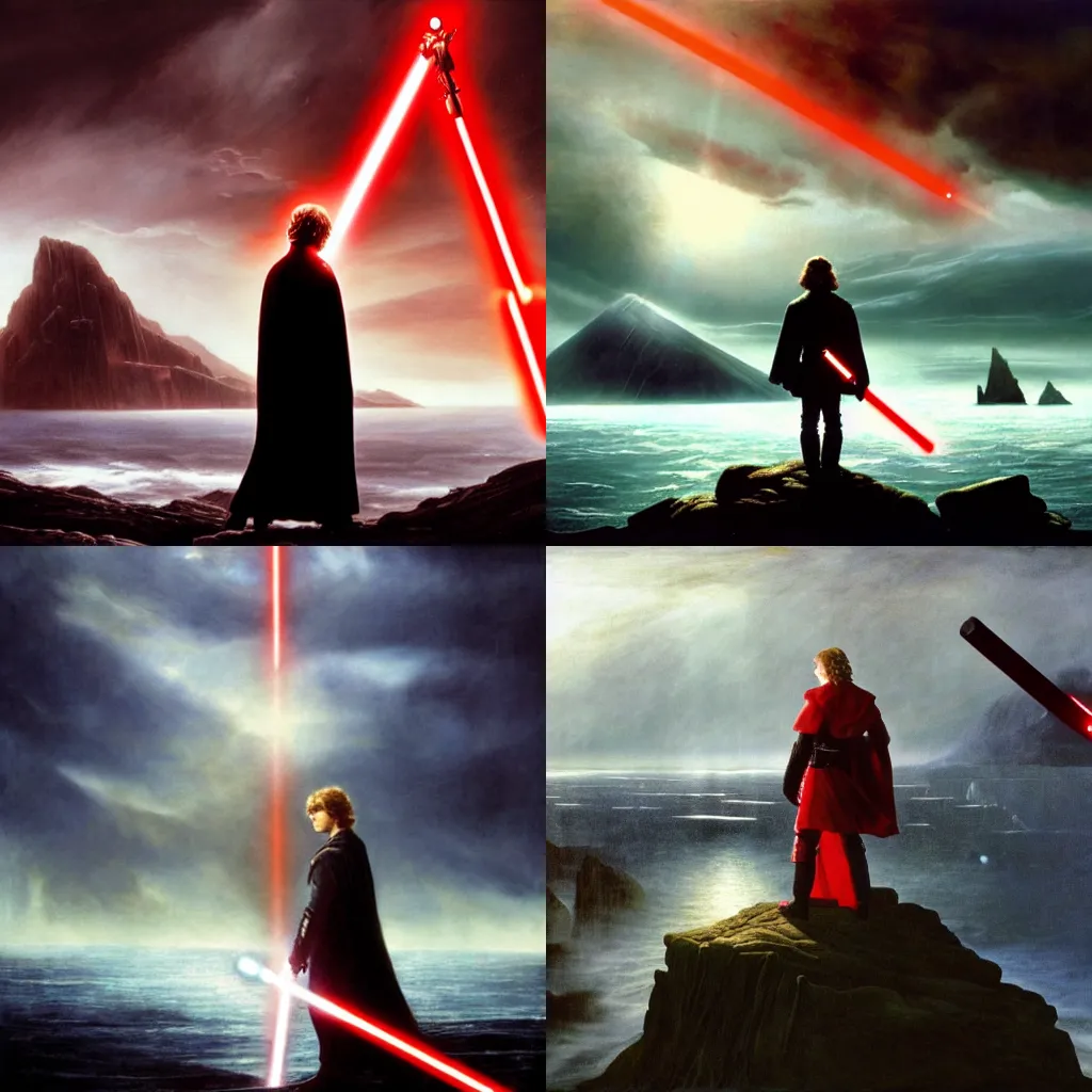 Prompt: Anakin Skywalker holding red lightsaber, wanderer above the sea of fog by caspar david friedrich, dramatic lighting, stardestroyer in the background, epic, galaxy, extreme detail