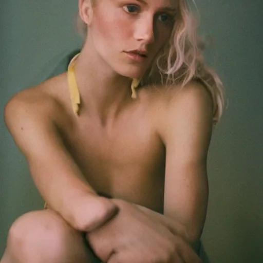 Image similar to realistic photoshoot for a new nike lookbook, color film photography, portrait of a beautiful blonde woman, in style of nan goldin, 35mm