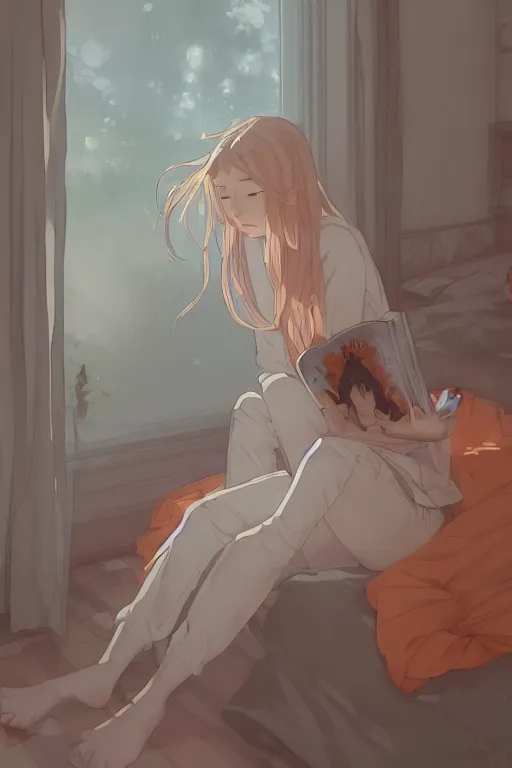 Image similar to a teenage girl in a jk uniform outfit in the bedroom reading a book in a night, raining outside the window, grey and orange theme ， wavy white long hair, by krenz cushart and mucha and akihito yoshida and greg rutkowski and makoto shinkai and wlop, detailed eyes, 4 k resolution