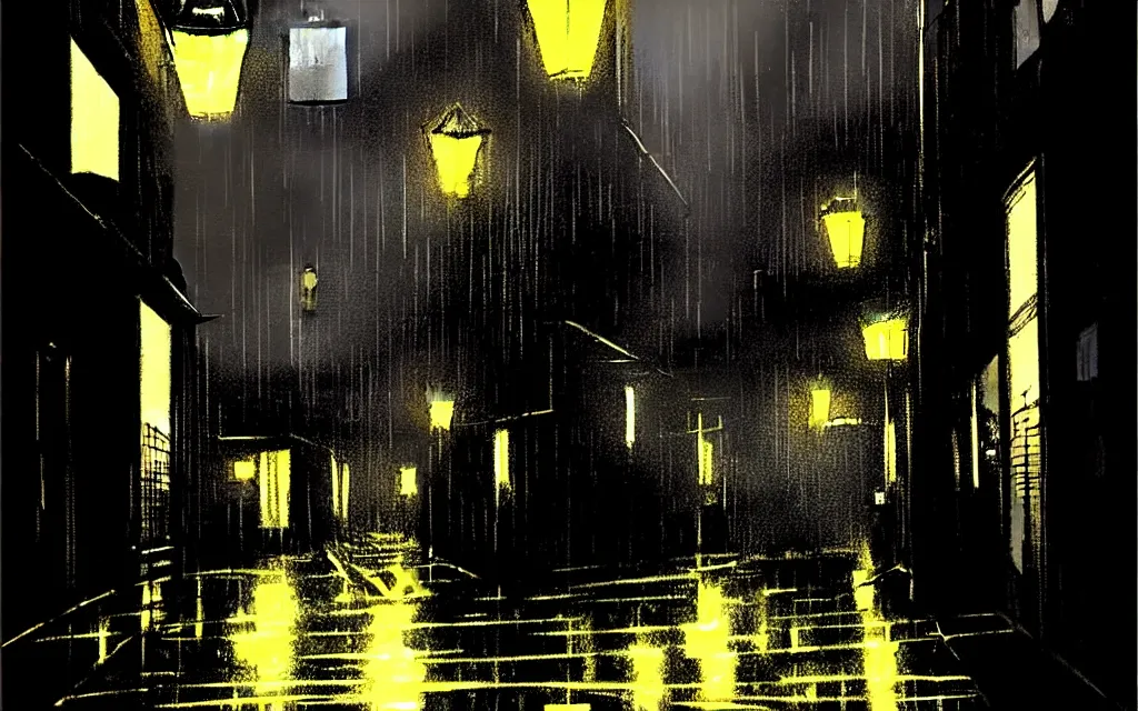 Prompt: concept art, dark wet london alley at night, by ashley wood, by roger deakins, in the style of syd mead and liam wong