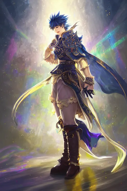 Image similar to fullbody portrait of a young male fit hero with strange hairs, soft smile, baroque cloth, luminous scene, final fantasy and legue of legends champion, by chengwei pan and sakimichan, gradient white to gold, in front of an iridescent magical building background, highly detailed portrait, digital painting, smooth, focus illustration