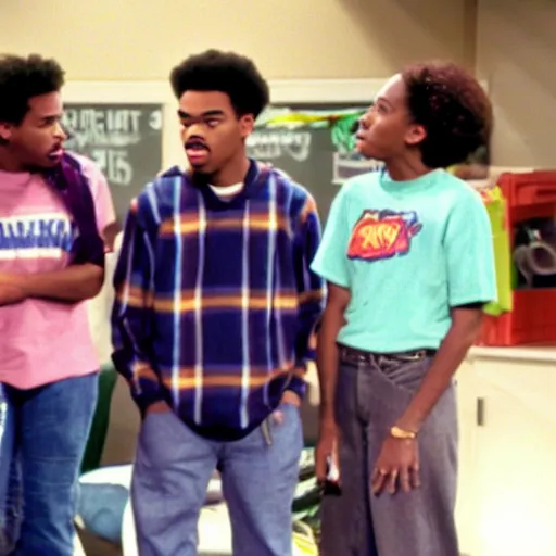 Image similar to a tv still of Chance The Rapper starring as a black college student at Jones College Prep in a 1993 sitcom