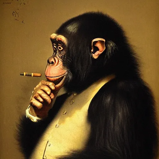 Prompt: a high detail painting of a chimp wearing a suit 👔,and smoking a cigarrette🚬, cgcosiety, by Rembrandt