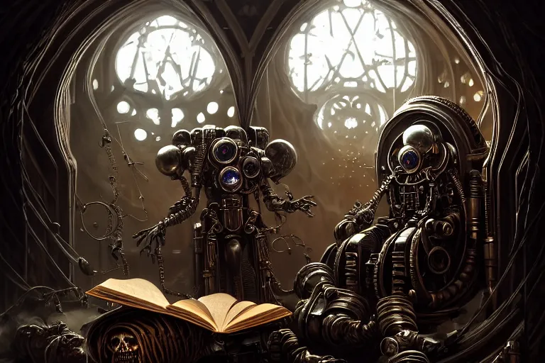 Prompt: Mechanicus Tech-Priest reading an old book, fantasy, sci-fi, intricate, elegant, dramatic lighting, emotionally evoking symbolic metaphor, highly detailed, lifelike, photorealistic, digital painting, artstation, concept art, smooth, sharp focus, illustration, art by John Collier and Albert Aublet and Krenz Cushart and Artem Demura and Alphonse Mucha