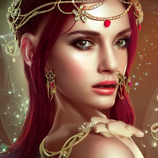 Prompt: wonderful princess with smooth fair skin, alluring eyes, red jewelry, breathtaking, elegant, intricate, ornate backdrop, hyper detailed, accent lighting, 4 k glamour photography, octane render