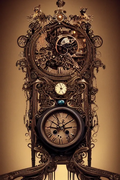 Prompt: a anthropomorphic clock, silk hat, full body, dark fantasy, concept art, gothic, intricate, ornate, ultra realistic, octane render