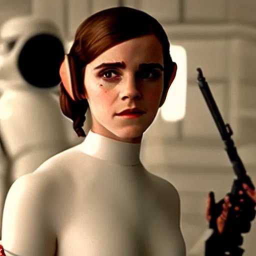 Prompt: film still of Emma Watson as Princess Leia in Star Wars 1977