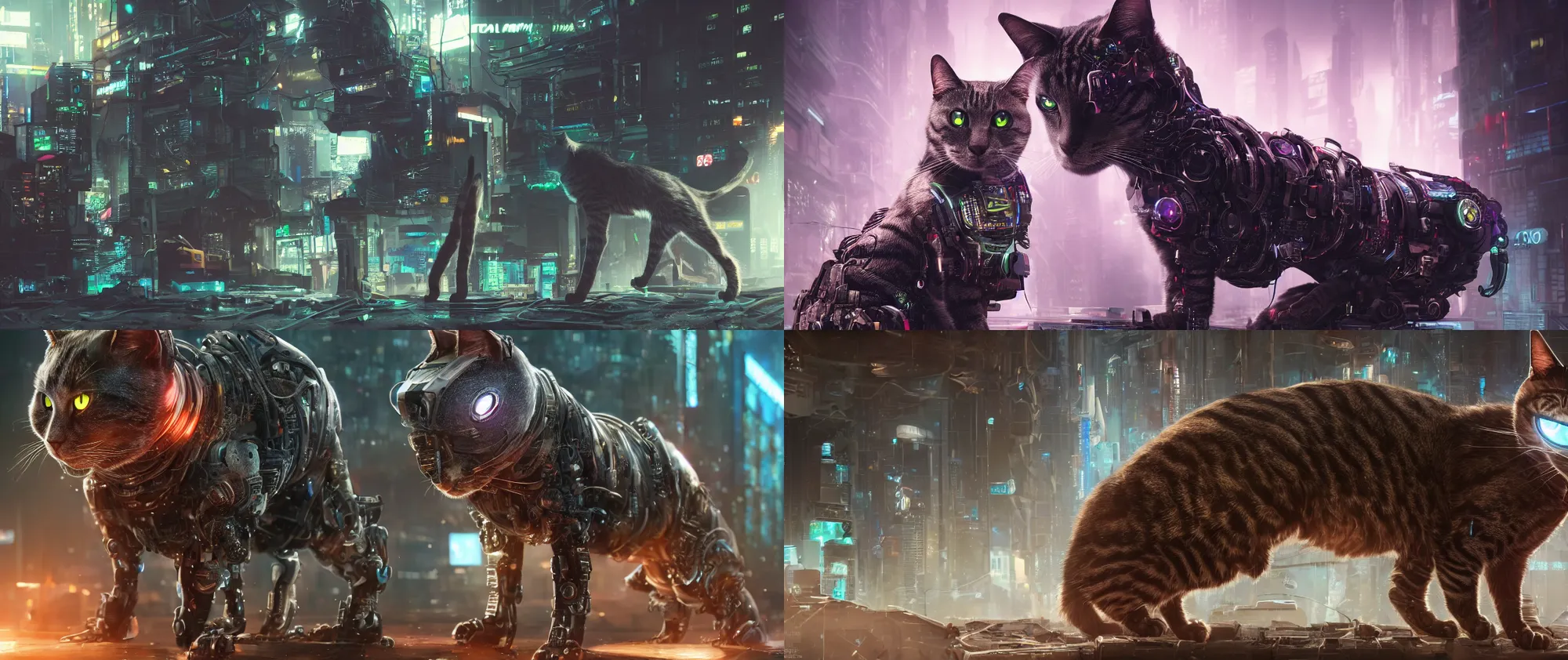 Prompt: A cyberpunk cyborg Cat. Highly detailed, 8k wallpaper, HDR, concept art, unreal engine 5, 4k, 8k, ray tracing, highly detailed, bloom, ultrawide, lens flare, detailed. photorealism. artstation. 25mm f/1.7 ASPH Lens. ultra realistic