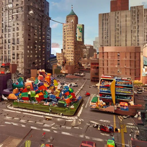 Image similar to ( ( new york ) ) made of kid's toys!!!!, amazing details, atmospheric, 4 k, aesthetic octane render, street view, warm hue's