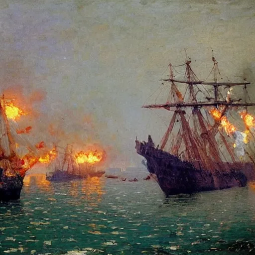 Prompt: british ships fire at the port of Lagos, 1905, brightly coloured oil on canvas, by ilya repin