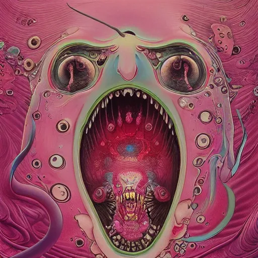 Prompt: pink scream by takashi murakami and zdzisław beksiński, intricately detailed artwork, full 8k high quality resolution, recently just found unknown masterpiece