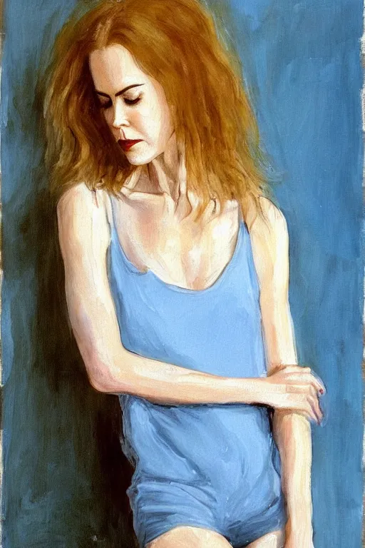 Prompt: 23 year old nicole kidman , loose messy hair , thoughtful eyes, wearing a thin white skimpy cotton camisole, pale skin, poised beautiful body, symmetrical face, zen aesthetic, interior design, amber and blue color scheme, sophisticated, pensive, contemplation, meditation, aloof, ethereal, oil painted canvas, loose brush strokes, Whistler painting