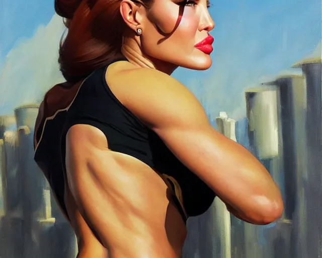 Image similar to greg manchess portrait painting of angelina jolie as beautiful thick female bodybuilder zarya from overwatch, medium shot, asymmetrical, profile picture, organic painting, sunny day, matte painting, bold shapes, hard edges, street art, trending on artstation, by huang guangjian and gil elvgren and sachin teng